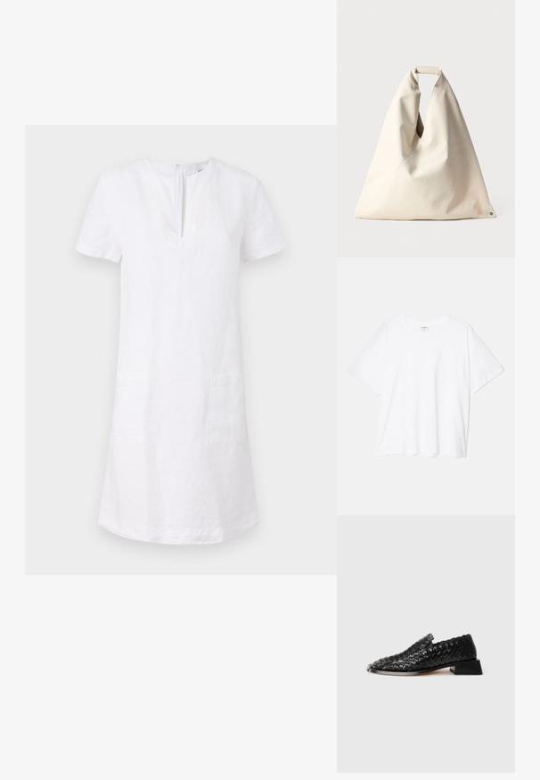 ASPESI ABITO - Denné šaty - white; Biely bavlnený tričko s krátkymi rukávmi, okrúhlym výstrihom, voľným strihom a prešitým lemom. Štítok viditeľný na vnútornom krku.; Čierne kožené pletené slip-on topánky s nízkym blokovým podpätkom a detailom s vlnitým okrajom, vystavené na bielom pozadí.; Bežová taška so soft-textúrou, s jedinečnou skrútenou rúčkou a diagonálnym detailom švu. Minimalistický dizajn s okrúhlym akcentom na dne.