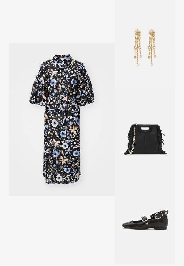 MUNTHE PALMETTO - Rochie de zi - black; Pantofii plano din piele patent neagră, cu vârful pătrat, curea de gleznă cu accesorii din argint și talpă plată. Textură netedă cu un design minimalist.; Geantă de mână din piele neagră cu detalii din franjuri, curea de umăr din lanț auriu și un mâner cu tăietură. Prezintă plasarea logo-ului pe față.; Cercei aurii cu multiple lanțuri suspendate, având accente din rhinestone ovale clare și capete decorative cu tighel.