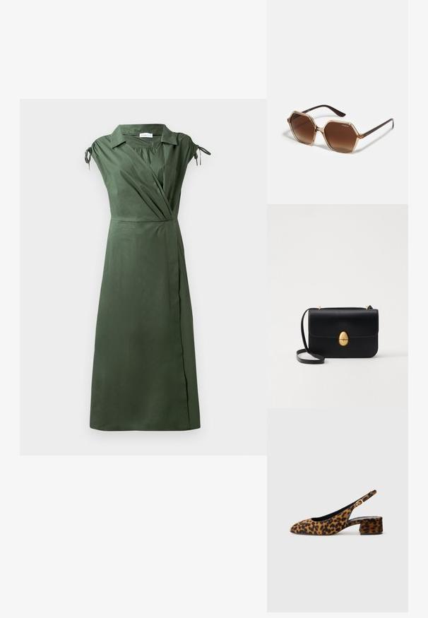 Olíva zöld fűzős ruha rövid ujjakkal, V-nyakú és állítható megkötő részletekkel a vállakon. Left szívszakaszban zseb található.; Női leopárdmintás, csak hátsó pánttal rendelkező cipő, alacsony tömbsarkúval és arany csattal az oldalpánton, oldalsó profilban látható, sima háttéren.; Hexagonális napszemüveg barna átmenetes lencsékkel, átlátszó bézs kerettel és sötétbarna szárakkal. Az oldalukon "vogue" felirattal.; Fekete bőr kézitáska, struktúrált, téglalap alakú formával. Arany ovális kapoccsal és vékony vállpánttal rendelkezik. Sima textúrájú.
