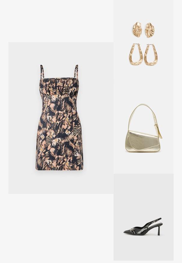 Haljina bez rukava u tamnom cvjetnom uzorku s pastelnim ružičastim i krem nijansama. Ima usko tijelo, naborane detalje i ravni rub.; Crna lakirana slingback cipela s izduženim vrhom, remenčićima oko gležnja s srebrnim kopčama i dijelovima, te vitkim potplatom.; Zlatna metalna torba s uređenim dizajnom, glatkom teksturom i podesivim remenom. Ima jedinstven trokutasti oblik i minimalističko šivanje.; Naušnice zlatne boje s teksturiranim, valovitim oblicima. Uključuju skulpturalne kopče i dizajn otvorene kružnice s kovanom završnom obradom.