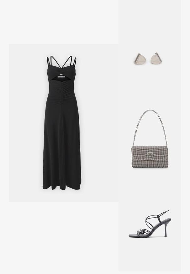 Samsøe Samsøe SAMADDI DRESS - Žerzejové šaty - black; Černé high-heeled sandály mají tenké pásky s uzlovým designem, hladký čtvercový špičku a elegantní jehlový podpatek.; Světle šedá kovová kabelka s řetízkem, zdobená malými kulatými kovovými cvočky a trojúhelníkovým logem značky.; Stříbrné kovové náušnice s hladkým tvarem slzy a lesklým povrchem. Jemné rytiny přidávají detail. Minimalistický design.