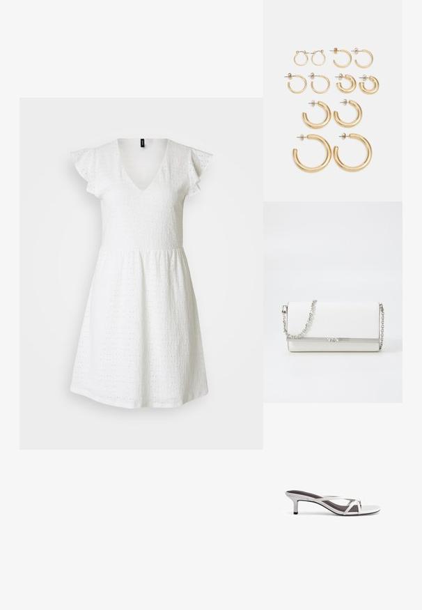 Bela kratka obleka s kratkimi rokavi in globokim V-izrezom, izdelana iz teksturirane tkanine z vzorcem luknjic, razširjenega kroja in oblazinjenimi rokavi.; Srebrne sandale na peto s križnim trakama, gladko teksturo in koničastim nosom. Peti je približno dva inča visok.; MICHAEL Michael Kors MONA - Torba čez telo - optic white; Set zlato obročastih ušesnih uhani, ki vključujejo različne velikosti in oblike, vključno z majhnimi, srednjimi in velikimi slogi, z gladkimi kovinskimi površinami.