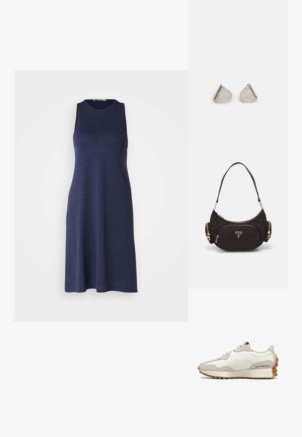 Sukienka bez rękawów w granatowym kolorze, wykonana z lekkiego materiału, z okrągłym dekoltem i swobodną sylwetką w kształcie litery A. Gładka tekstura bez widocznych wzorów.; Białe i beżowe sneakersy z gładkiej skórzanej cholewki, zamszowymi akcentami, zaokrąglonym noskiem i teksturowaną gumową podeszwą. Nazwa marki nadrukowana na boku.; Czarna torba na ramię z tkaniny z złotymi akcentami, z główną przegrodą na zamek i dwiema mniejszymi kieszeniami na zamek po bokach.; Srebrne metalowe kolczyki o gładkim, kroplowym kształcie i wypolerowanym wykończeniu. Delikatne grawerunki dodają szczegółów. Minimalistyczny design.