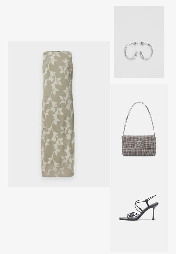 Beigė suknelė be rankovių, olive žalios spalvos su baltais gėlių siuvinėjimais, tiesaus kirpimo ir subtilaus tekstūros. Uždarymas su užtrauktuku gale.; Juodos aukštakulnės sandalai pasižymi plonyčiais dirželiais su mazgo dizainu, lygiu kvadratiniu pirštu ir elegantišku stiletto kulnu.; Šviesiai pilka metalinė rankinė su grandinėlės dirželiu, papuošta mažais apvaliais metaliniais smeigėmis ir trikampiu prekės ženklu.; Sidabriniai lankelio formos auskarai su lygiu, blizgiu paviršiumi, išlenktos formos ir su užsegimu. Minimalistinio dizaino su moderniu apdaila.
