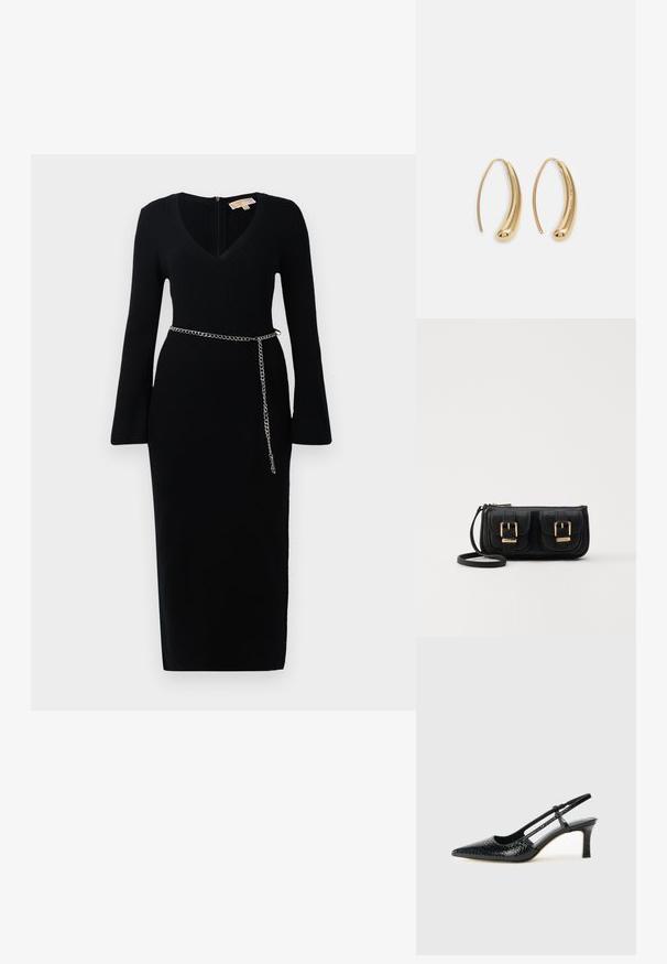 Abito midi nero a maniche lunghe con costine, scollatura a V e maniche svasate, caratterizzato da una cintura sottile in argento attorno alla vita.; Slingback con tacco in vernice nera con punta affusolata, caratterizzato da una stampa a serpente testurizzata, cinturino regolabile e un tacco corto e testurizzato.; Borsa a tracolla nera in pelle con due tasche frontali, fibbie dorate, chiusura con zip e una tracolla sottile. Superficie texturizzata e forma rettangolare compatta.; Orecchini a cerchio in metallo color oro con forma curva ed allungata. Presentano una superficie liscia e lucida e una punta arrotondata per un tocco di dettaglio in più.