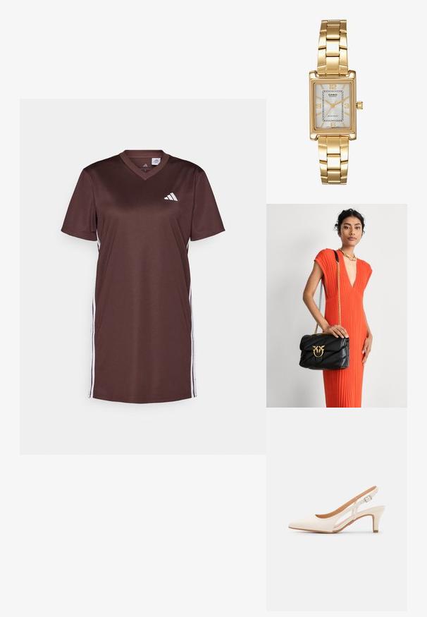 Vestido atlético castanho feito de tecido suave, com decote em V, mangas curtas e riscas brancas laterais. O logo da Adidas está exposto na parte frontal.; Sandal com salto branco, ponta afilada, material superior liso, salto bloco baixo e design com recortes laterais, com tira ajustável.; Mala de couro preta com design acolchoado, ferragens douradas e alça de corrente. Modelo segura-a contra um vestido laranja texturizado.; Relógio de pulso retangular em tom de ouro com um mostrador branco, marcadores de horas em tom de prata e uma pulseira de metal resistente. Inclui função de resistência à água.