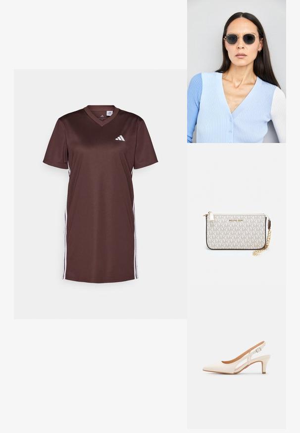 Ruskea urheiluasu, joka on valmistettu sileästä kankaasta ja jossa on V-pääntie, lyhyet hihat ja valkoiset sivut jotka koristavat. Adidas-logo on esillä edessä.; Valkoinen slingback-korkokenkä, jossa on terävä kärki, sileä päällismateriaali, matala lohkokorko ja sivuaukko-design säädettävällä soljella.; Pyöreät aurinkolasit, joissa on tummat linssit ja kultaiset kehykset. Mallilla on päällään vaaleansininen, ribatusta materiaalista valmistettu neuletakki, jossa on napit ja kontrastiväriset valkoiset hihat.; Michael Kors kääröbeige pinnoitettua kangasta, jossa on toistuva MK-logo -kuvio, kultaiset yksityiskohdat ja irrotettava ketjuhihna.