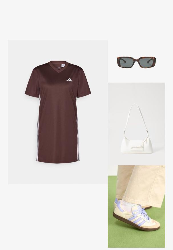 Hnědressová sportovní šaty vyrobené z hladkého materiálu, s výstřihem do V, krátkými rukávy a bílými postranními pruhy. Na přední straně je umístěno logo Adidas.; Krémové a levandulové tenisky se třemi pruhy a texturovanou hnědou podrážkou, vybavené tkaničkami a polstrovanou patou. Měkký textilní svršek.; Sluneční brýle ve stylu želvoviny s obdélníkovými čočkami, silnými rámy a tmavými zbarvenými čočkami. Hladký povrch a minimalistický design.; Bílá syntetická kabelka v trojúhelníkovém tvaru, s plochým předním klopným víkem a detailem mašle, nastavitelným popruhem, hladkým povrchem a minimalistickým designem.