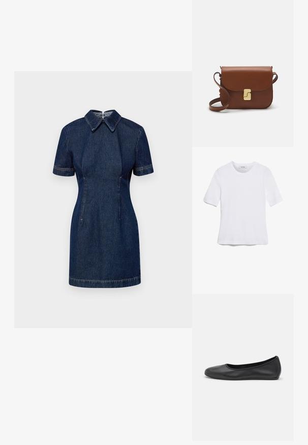 Vestido de ganga escura com design de mangas curtas, gola e forma estruturada; apresenta costuras visíveis e bolsos laterais.; T-shirt de manga curta branca feita de tecido canelado. Decote redondo, ajuste regular e detalhes de costura subtis. Sem padrões ou gráficos.; Bailarina preta em pele com bico arredondado, textura suave, detalhe de costura minimalista e design de sola flexível.; Bolsa de couro castanho com fecho de aba, decoração em tom dourado, alça de ombro e textura suave. Formato retangular compacto.