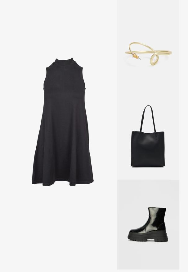Juoda be rankovių suknelė su aukštu kaklu, pagaminta iš minkštos, tamprios medžiagos. A-line dizainas turi laisvą prigludimą ir sklandžią tekstūrą.; Juodas blizgus kulkšninis botas su storu iškilniu padu ir apvaliu pirštu, šoninis vaizdas ant vientiso šviesiai pilko fono.; Juodas odinis tote krepšys su lygia tekstūra, stačiakampio formos ir dviem ilgais rankenomis. Matomų metalinių detalių ar puošybos nėra.; Auksinės spalvos metalinė apyrankė su skysčiu, kreipiančiu dizainu. Viename gale yra mažas, išsiskiriantis, sidabrinės spalvos akcentas.