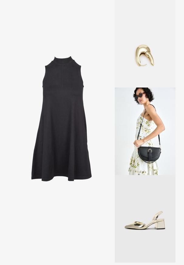 Čierne šatové šaty bez rukávov s vysokým golierom, vyrobené z mäkkej, elastickej tkaniny. A-línia dizajnu má voľný strih a hladkú textúru.; Zlaté kovové lodičky na podpätku so špicatou špičkou a robustným podpätkom. Hladký povrch, minimalistický dizajn a úzka remienok.; Čierna kožená kabelka s zaobleným tvarom, odnímateľným popruhom a zlatými doplnkami. Kabelka má klopu s detailom s prackou.; Náušnice z kovu v zlatej farbe s elegantným, zakriveným dizajnom. Majú charakteristický špicatý tvar, leštený povrch a uzáver na pánt.