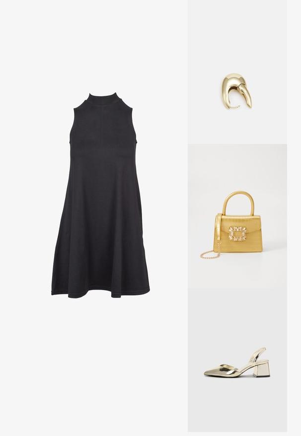 Schwarzes ärmelloses Kleid mit hohem Kragen, aus weichem, dehnbarem Stoff gefertigt. Das A-Linien-Design bietet eine lockere Passform und eine glatte Textur.; Goldene, metallische Slingback-Absätze mit spitzem Zeh und dicker Ferse. Glatte Textur, minimalistisches Design und ein schmaler Riemen.; Gelbe Kunstleder-Handtasche im Krokodil-Look mit strukturiertem Design, Obergriff, abnehmbarem Kettenriemen und dekorativer Kristallverzierung am Verschluss.; Ohrringe aus goldfarbenem Metall mit einem schlanken, geschwungenen Design. Sie verfügen über eine markante, spitze Form, eine polierte Oberfläche und einen Scharnierverschluss.