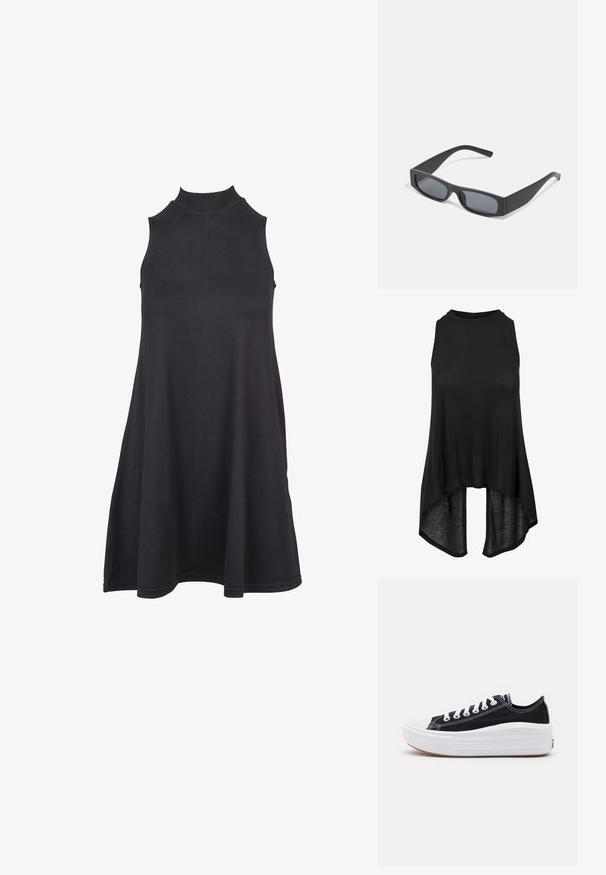 Mustat hihattomat mekko, jossa on korkea kaulus, valmistettu pehmeästä ja joustavasta kankaasta. A-linjan muotoinen malli tarjoaa repaleisen istuvuuden ja sileän tekstuurin.; Mustat hihattomat paidat, joissa on korkea kaulus, kevyttä kangasta, rento malli ja epäsymmetrinen helma, joka on pidempi takaa.; Mustat kangaskengät valkoisilla nauhoilla, valkoisella kumitupsulla ja paksulla valkoisella välipohjalla. Ominaisuuksiin kuuluu hienovarainen valkoinen ommel ja kumipohja.; Mustat suorakulmaiset aurinkolasit tummilla linsseillä ja paksuilla mattepinnoilla. Varsien malli on hieman kapeneva ja pinta sileä.