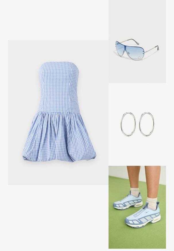 Šaty bez ramienok v modro-bielej kockovanej vzore, s priliehavým telom a rozšírenou, nariasenou sukňou s textúrovaným povrchom.; Svetlo modré športové topánky s bielymi akcentmi, textúrovanými panelmi a zipsovým uzáverom. Obsahujú viditeľnú vzduchovú tlmiacu podrážku a gumovú podrážku.; Pilotné slnečné okuliare s prechodovým modrým sklom, strieborným kovovým rámom a ozdobnými hviezdičkovými akcentmi na sklách. Hladký a elegantný dizajn.; Strieborné kruhové náušnice s hladkým a lešteným povrchom. Okrúhly tvar, ľahký dizajn, s bezpečným zapínacím mechanizmom.
