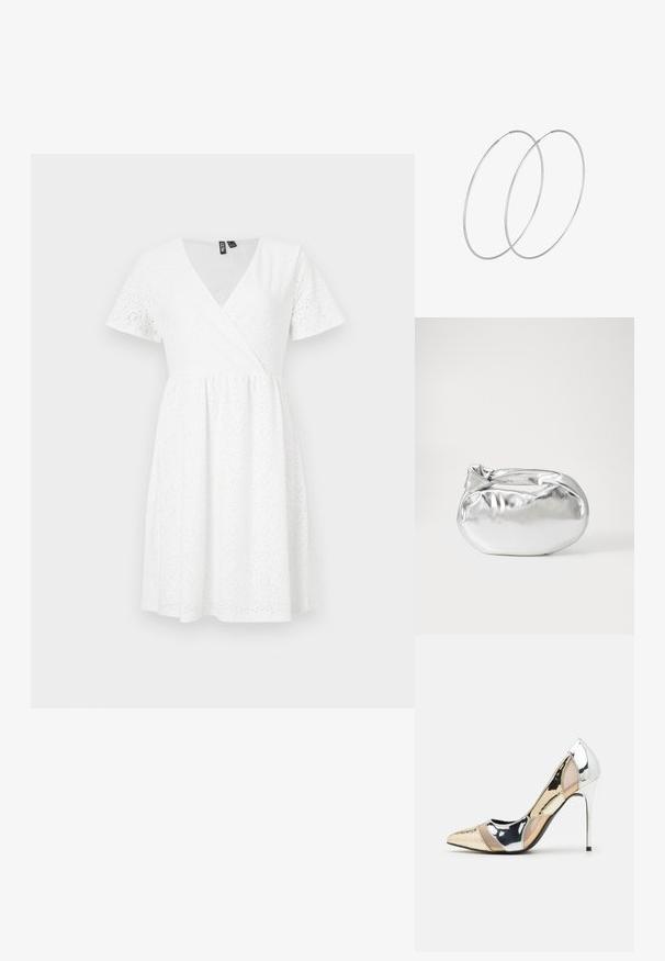 Valge lühikeste varrukatega kleit, millel on mähkemehhanism, silmadega detailid, V-kaelus ja laienev seelik, mis ulatub üle põlve.; Kitsas toe kõrge kontsaga kingad, millel on hõbedane, kuldne ja nude värvilahendus. Läikiv viimistlus lõikekujundusega, stiletto konts.; Hõbedane metallikoti kott pehme, ümar kuju ja sõlme ülemise sulgemisega. Valmistatud siledast kunstnahast materjalist.; Hõbedased rõngastikkaehingad minimalistlikus disainis. Ümar kuju, sile tekstuur ja õhuke profiil. Kerged ning poleeritud viimistlusega.