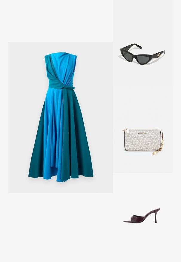 Šaty v jednom kuse v přechodných odstínech modré a tyrkysové. Mají zkroucený korzet, bez rukávů a splývavou, plisovanou sukni.; Bordeaux vysoké podpatky muly se čtveratou špičkou, vyrobené z hladké kůže. Vyznačují se elegantním, minimalistickým designem a zúženým podpatkem.; Sunglasses ve tvaru kočičích očí s matným černým plastovým rámem, tmavými skly a zlatým logem na stranu. Úhlový design a hladká textura.; Kabelka na zápěstí Michael Kors v béžové potažené plátno s opakujícím se vzorem loga MK, zlatými kovovými doplňky a odnímatelným řetízkovým popruhem.