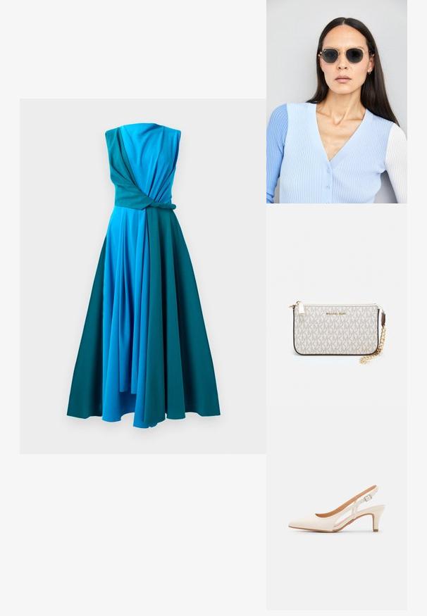 Robe une pièce en dégradé de bleues et de teal. Présente un corsage torsadé, un design sans manches et une jupe plissée fluide.; Talons aiguilles blanches à bride arrière avec un bout pointu, un dessus lisse, un petit talon carré et un design avec découpes latérales et sangle réglable.; Lunettes de soleil rondes avec verres sombres et monture en or. Le modèle porte un cardigan à côtes bleu clair avec des boutons et des manches blanches contrastantes.; Porte-monnaie Michael Kors en toile enduite beige avec un motif répété de logo MK, des accessoires en or et une bandoulière en chaîne amovible.