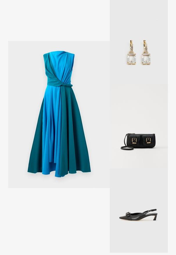 Kleita bez piedurknēm, kas izgatavota pakāpeniskās zilos un teal toņos. Iespējosies izgriezta stāva un plūstoša, drapēta svārku daļa.; Melnas ādas siksnu kurpes ar smailu pirkstu, nelielu papēdi un dekoratīvu sprādzi augšdaļā. Gluda tekstūra, minimālistisks dizains.; Melnas ādas crossbody soma ar divām priekšējām kabatām, zelta sprādzēm, ar rāvējslēdzēju aizdari un šauru siksnu. Strukturēta virsma un kompakta taisnstūra forma.; Zeltītas auskaru rotas, kuru centrā ir taisnstūra formas caurspīdīgs kristāls, kas karājas zem mazu, apaļu caurspīdīgu akcentu rindas. Elegants, mūsdienīgs dizains.