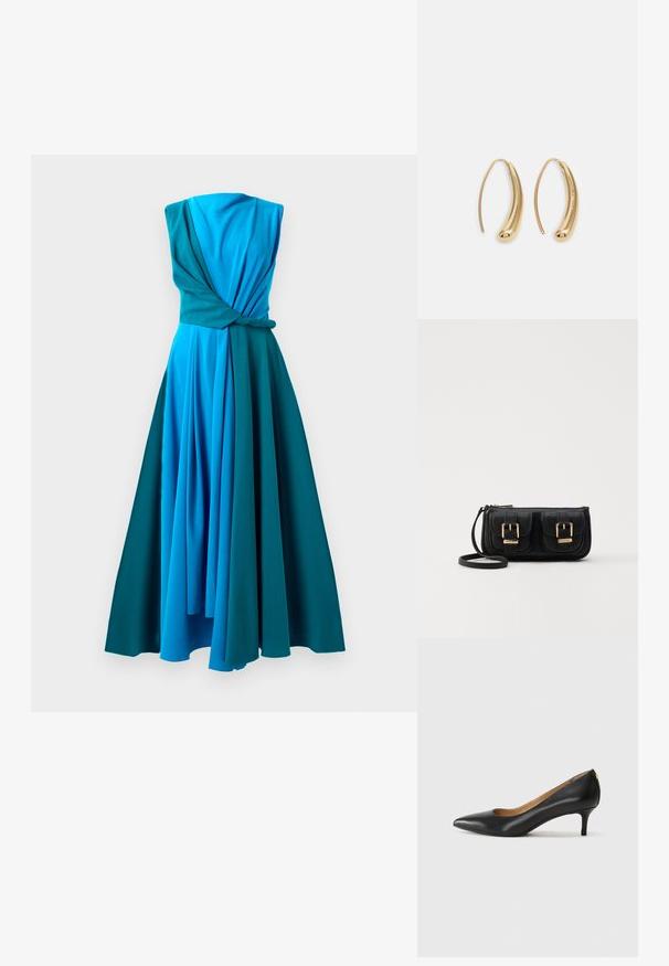 Kombinzo drabužis, išblukusių mėlynos ir žalios spalvų atspalvių. Pasižymi suktiniu liemeniu, be rankovių dizainu ir plaukioti, klostuotą sijoną.; Juodos odinės aukštakulnės bateliai su smailiu nosiu, žemu kulnu ir lygiu paviršiumi. Priekyje yra nedidelis atvirumas, o gale minimalus apdaila.; Juodas odinis per petį nešiojamas krepšys su dviem priekiniais kišenėmis, auksiniais sagtimis, užtrauktuko uždarymu ir siauromis petnešomis. Textūruota paviršius ir kompaktiškas stačiakampis formatas.; Auksinės metalinės auskarų kabės su lenktą, pailgą forma. Turi lygų, blizgantį paviršių ir užapvalintą galiuką papildomam akcentui.