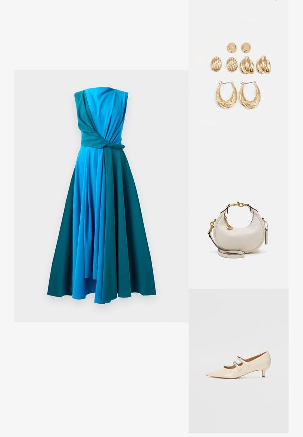 Šaty v jednom kuse v přechodných odstínech modré a tyrkysové. Mají zkroucený korzet, bez rukávů a splývavou, plisovanou sukni.; Béžové lakované baleríny Mary Jane s dvěma nastavitelnými přezkami, špičatou špičkou a nízkým podpatkem. Hladký povrch s lesklým vzhledem.; Krémová kožená kabelka s půlměsíčním tvarem, zlatými kovovými detaily, černými akcenty a odnímatelným popruhem. Obsahuje řetízkový detail a visačku.; Souprava náušnic ve zlatém tónu, která obsahuje tři páry: texturované oválné náušnice, náušnice s vlnitým designem a velké kruhové náušnice s vrstvenými rýhami.