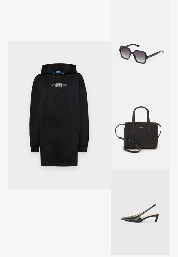 Črna kapuca obleka iz bombažne mešanice, ki vključuje kenguru džep in logo v beli barvi natisnjen čez prsa.; Črne čevlje s koničastimi nosovi in slingback obliko z nizko peto, izdelane iz gladke usnjene materiale ter s črtasto zasnovo na strani za prezračevanje.; Črne heksagonalne sončna očala z gradientnimi lečami, s sijočo površino in diskretnim logotipom na robu. Trajna plastična zasnova.; Črna torbica z dvema kratkima ročajema in odstranljivim naramnim trakom. Gladek usnju podoben material z zadrgo in podrobnostmi z logotipom.