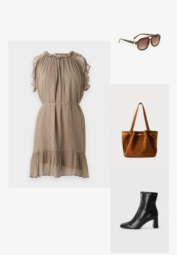 Lyhyt mekko, joka on valmistettu kevyestä, tekstuurista kankaasta taupen värissä. Mekossa on frillahuulikkeet, koottu kaula-aukko ja kerroksellinen helma.; Mustat nahkaised kengät nilkalle, joissa on terävä kärki ja jämäkkä lohkareikä. Sileä pinta ja tyylikäs, minimalistinen muotoilu.; Kuvioherät aurinkolasit, joissa on gradienttilinssit, kulmikkaat muodot ja kultaiset yksityiskohdat varsissa, joissa on tyylikäs ja kiiltävä pinta.; Ruskea samettinen kantolaukku, jossa on kaksinkertaiset kahvat, nappikiinnitys ja rento, hieman lörpähtänyt muoto.
