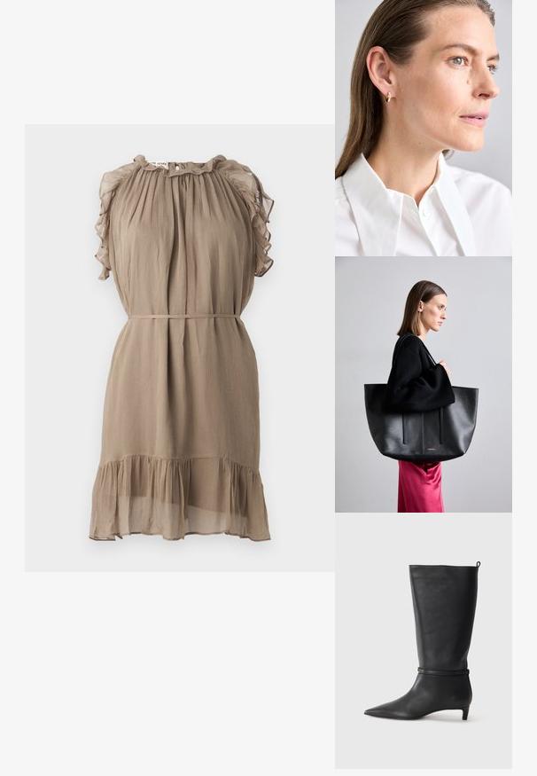 Rövid, könnyű, textúrált anyagból készült ruha taupe színben. Ráncolt ujjak, redőzött nyak és réteges szegély jellemzi.; Fekete bőr, térd fölé érő csizma, hegyes orral, kör alakú pánttal a bokán és alacsony, keskeny sarkú. Simára csiszolt textúra.; Fekete bőr bevásárlótáska, texturált felülettel, két függőleges vonallal, dupla vállpánttal és minimalista dizájnnal.; Ötvözött arany fülbevaló, kis díszítő kővel. Egy modelen látható, aki egyenes hajat visel, fehér, galléros inggel párosítva.