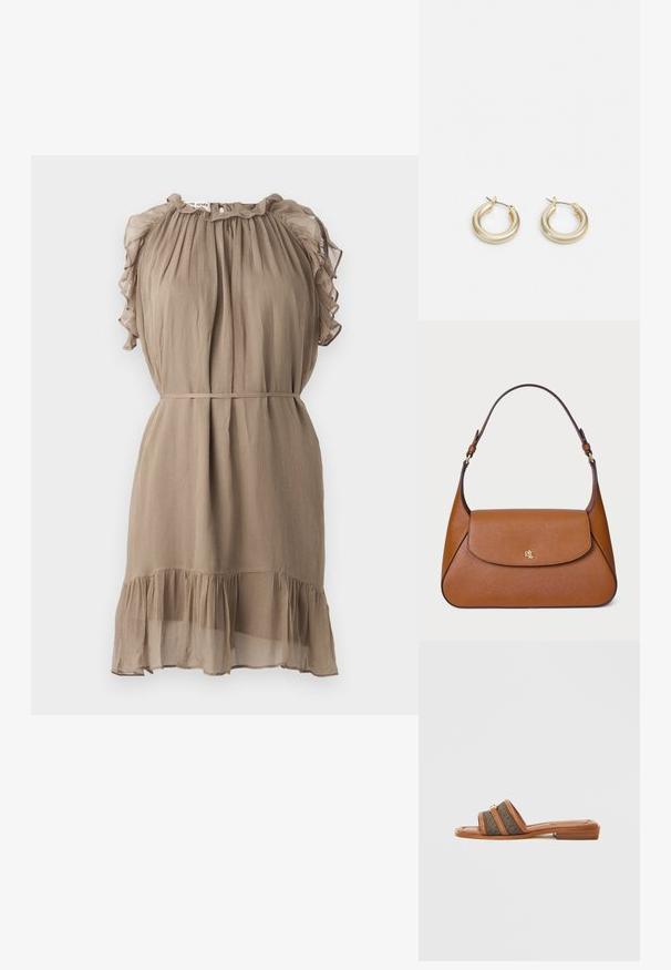 Kratké šaty vyrobené z ľahkej, textúrovanej látky v taupe farbe. Majú volánové rukávy, zvýšený výstrih a tiered lem.; Hnedá šľapka na pláž s dvoma širokými látkovými remienkami s tmavým vzorom, plochým podpätkom a zlatými kovovými doplnkami.; Hnedá kožená taška s pevnou konštrukciou, plochým vrchným klapkou a jedným zakriveným popruhom. Obsahuje zlaté kovanie s embosovaným logom.; Lauren Ralph Lauren BASIC SMALL HOOP - Náušnice - gold-coloured