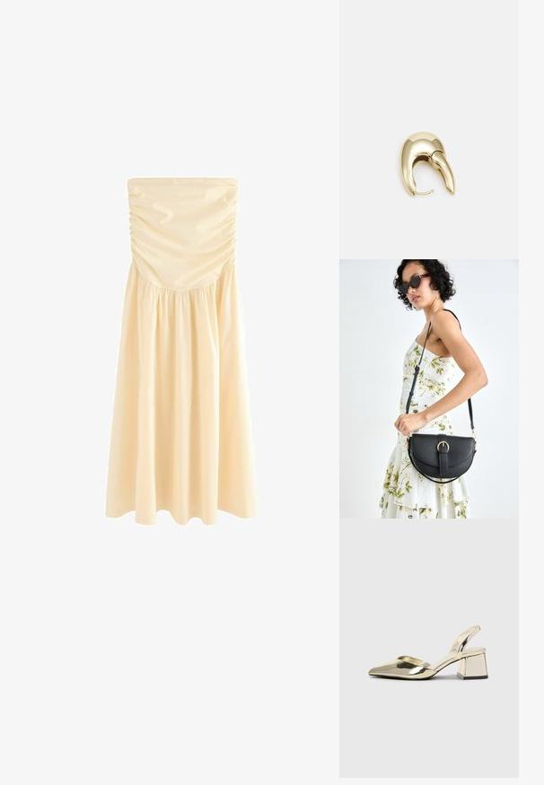 Abito midi senza spalline in beige chiaro, con arricciature sul corpetto e gonna raccolta per una maggiore fluidità. Tessuto morbido e leggero.; Tacchi slingback metallici color oro con punta appuntita e tacco grosso. Texture liscia, design minimalista e una cinghia stretta.; Borsa a tracolla nera in pelle con una forma curva, manico rimovibile e accessori dorati. La borsa presenta una patta con un dettaglio a fibbia.; Orecchino in metallo color oro con un design elegante e curvo. Presenta una forma appuntita distintiva, superficie lucida e chiusura a cerniera.