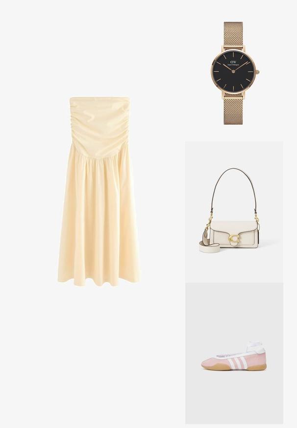 Stropfri midi-kjole i lys beige, med rynker ved bodice og en samlet nederdel for en let bevægelse. Glat, let materiale.; adidas Originals TAEKWONDO MEI BALLET - Sneakers - clear pink/ftwr white/gum; Creme læderhandtaske med en struktureret design, kontrasterende sorte kanter, guldbeslag og en aftagelig strop med et signaturlogo.; Guld mesh rem ur af Daniel Wellington med en rund sort urskive, guld timemarkører og logo ved 12-tiden. Simpelt, elegant design.