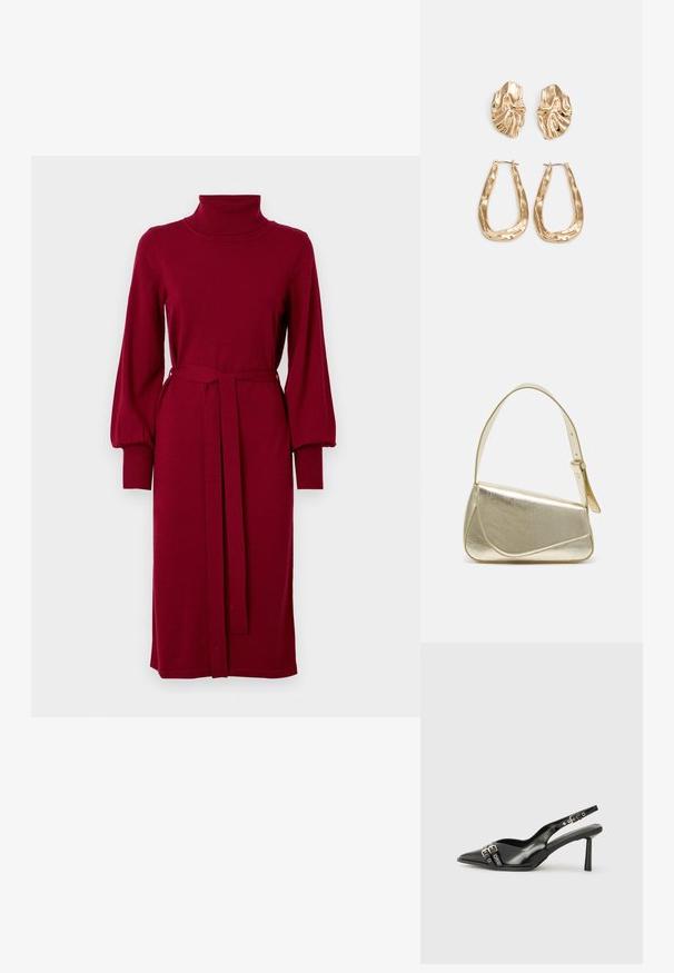 VILA VIAMANDA TURTLE NECK DRESS - Pulóverruha - cabernet; Fekete lakk bőr, hegyes orrú slingback cipő, boka pántokkal, ezüst csatokkal és hardverelemekkel, valamint karcsú sarkú.; Arany fémes kézi táska, strukturált dizájnnal, sima felülettel és állítható pánttal. Egyedi háromszög alakú, minimalistának mondható varrásokkal rendelkezik.; Aranyszínű fülbevalók, texturált, hullámos formákkal. Tartalmazza a szobrászati klipszes studokat és az open hoop kialakítást, kalapácsos felülettel.