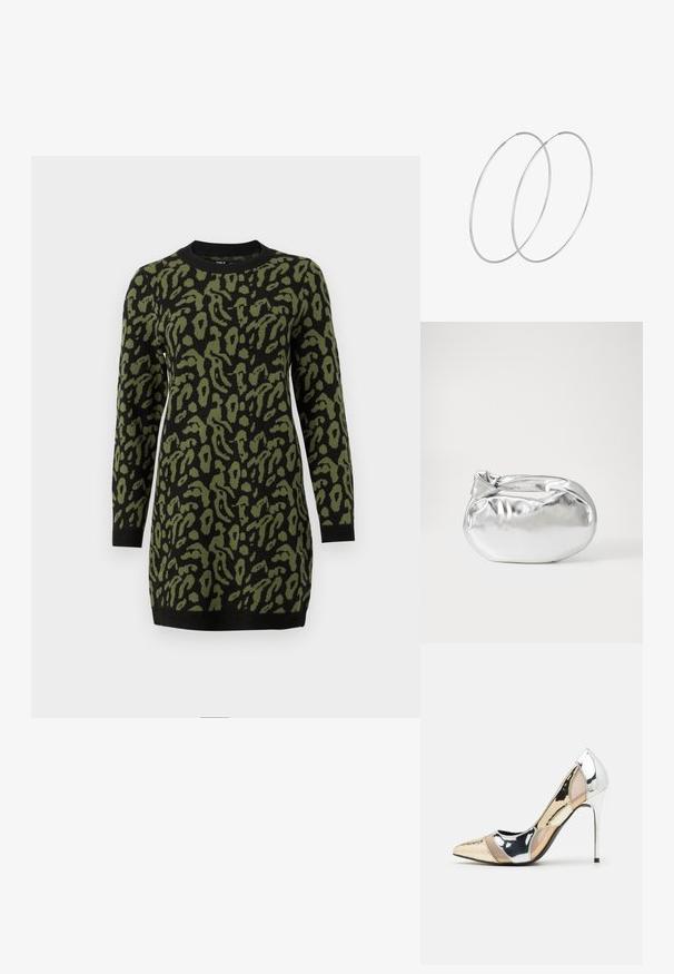 Abito maglione lavorato a maglia in verde oliva con stampa leopardata nera, presenta un colletto rotondo e maniche lunghe. Texture liscia e polsini a coste.; Scarpa con tacco alto a punta, con una combinazione di colori argento, oro e nudo. Finitura lucida con design a ritaglio, con tacco a stiletto.; Borsa a pochette metallica argentea con una forma morbida e arrotondata e chiusura superiore annodata. Realizzata in materiale sintetico morbido.; Orecchini a cerchio in argento con un design minimalista. Forma circolare, superficie liscia e profilo sottile. Leggeri con una finitura lucida.