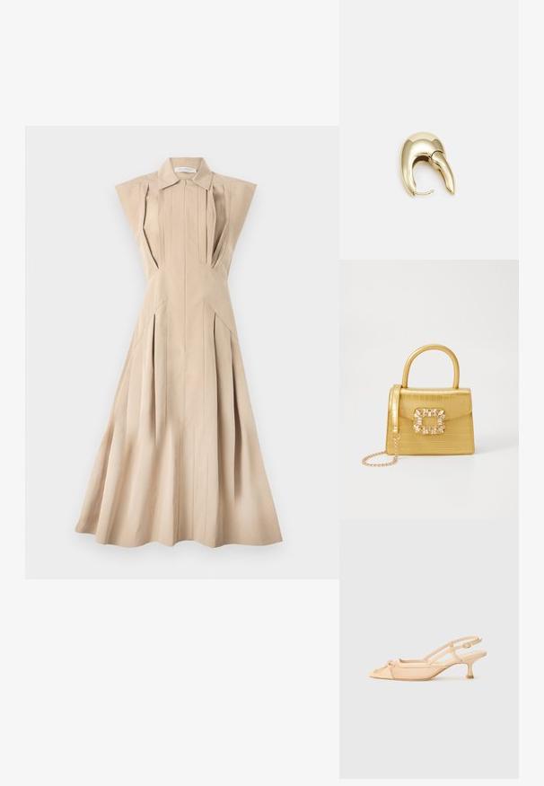 Bež haljina bez rukava sa ovratnikom, strukturiranim gornjim delom, vertikalnim nabiranim detaljima i raširenom suknjom koja seže ispod kolena.; Stuart Weitzman KITTY - Klasične cipele s visokom petom - beige/barely beige; Žuta torbica od umjetnog krokodila sa strukturiranim dizajnom, gornjom ručkom, odvojivim lančićem i dekorativnim kristalnim ukrasom na kopči.; Zlatne metalne naušnice s elegantnim, zakrivljenim dizajnom. Imaju karakterističan šiljast oblik, poliranu površinu i zatvaranje na šarku.