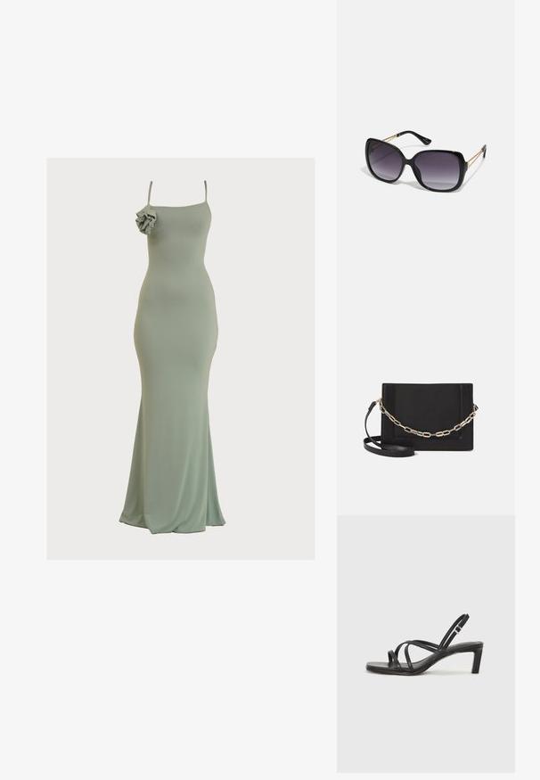 Mėtų žalios spalvos prigludusi maksi suknelė su tiesia iškirpte ir plonomis petnešomis. Kairėje petyje yra raukšlėtas akcentas. Minkšta, lygi medžiaga.; Juodi šlepetės su kvadratiniu pirštu ir žemu bloku kulnu. Yra keli ploni dirželiai ir reguliuojamas kulkšnies diržas. Pagaminti iš lygios odos.; Juodos didelės saulės akinių su pereinamais objektyvais, storomis rėmeliais ir auksinės spalvos grandinėmis ant šventyklų.; Juodas odinis per petį nešiojamas krepšys turi lygų paviršių, stačiakampio formą ir metalinę grandinėlę priekyje. Pridedama reguliuojama dirželis.