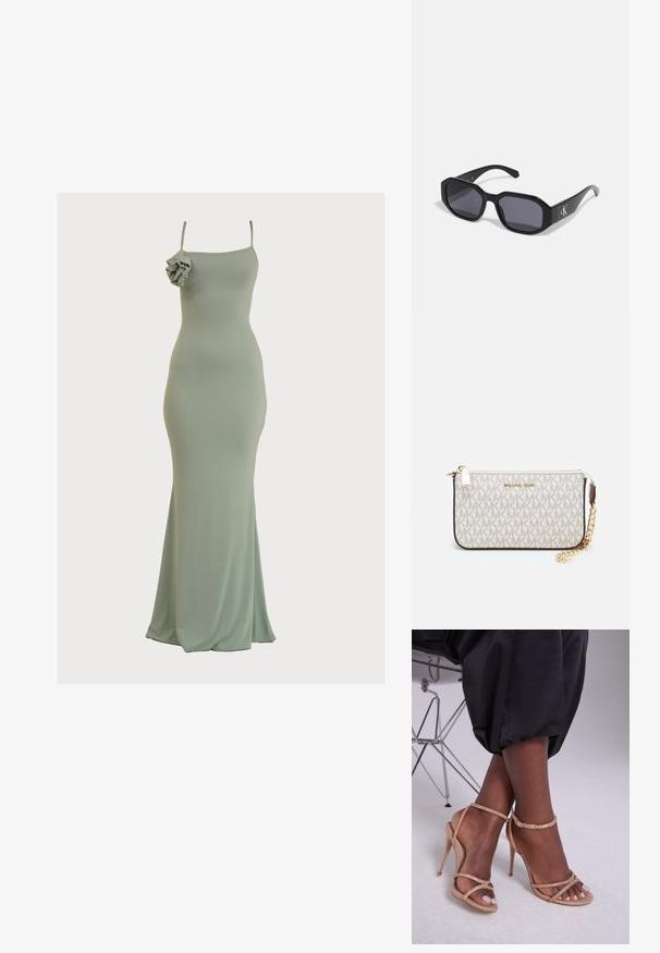 Mátová zelená, vypasovaná maxi šaty s rovnou výstřihem a tenkými ramínky. Na levém rameni má volánkový akcent. Měkká, hladká látka.; Béžové sandály na podpatku s krystalovými ozdobami, otevřenou špičkou, tenkými pásky a elegantním siluetou.; Černé sluneční brýle s osmistěnným rámem, tmavými skly, lesklým plastovým materiálem a stříbrným logem na jedné straně.; Kabelka na zápěstí Michael Kors v béžové potažené plátno s opakujícím se vzorem loga MK, zlatými kovovými doplňky a odnímatelným řetízkovým popruhem.; Zlaté kovové náušnice s vlnitým designem; hladký, lesklý povrch; asymetrický tvar; žádné viditelné vzory nebo hardware.