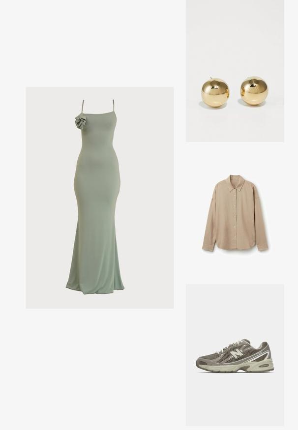 Myntgrön, åtsittande maxiklänning med rak urringning och tunna axelband. Har en volangdetalj på vänster axel. Mjuk, slät tyg.; Beige långärmad skjorta i lätt tyg, med krage, knappstängning och rundad nederkant. Slät textur, avslappnad passform.; Idrottssko i grå och beige mesh med en texturerad yta, utrustad med en dämpad sula, vita snören och reflekterande silvriga detaljer.; Guld runda studsörhängen med en polerad yta och liten post. Har en slät textur och reflekterande yta.