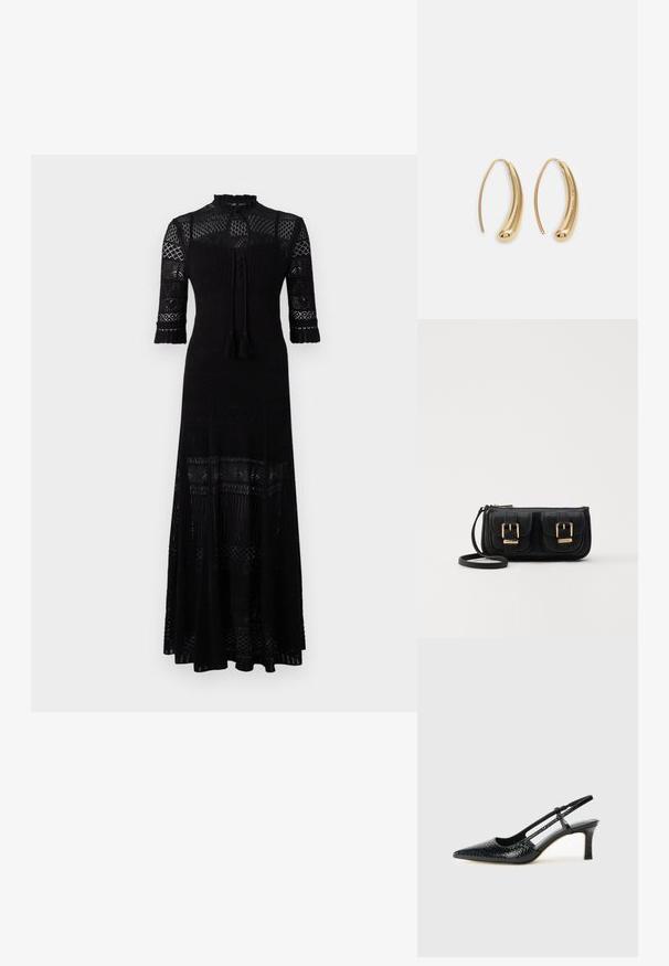 Black maxi dress with a high neckline, intricate lace pattern, three-quarter sleeves, and tassel ties. Features textured fabric and layered hem.; Black patent slingback heel with a pointed toe, featuring textured snake print, adjustable strap, and a short, textured block heel.; Black leather crossbody bag with two front pockets, gold buckles, zipper closure, and a slim strap. Textured surface and compact rectangular shape.; Gold-tone metal hoop earrings with a curved, elongated shape. Features a smooth, shiny surface and a rounded tip for added detail.