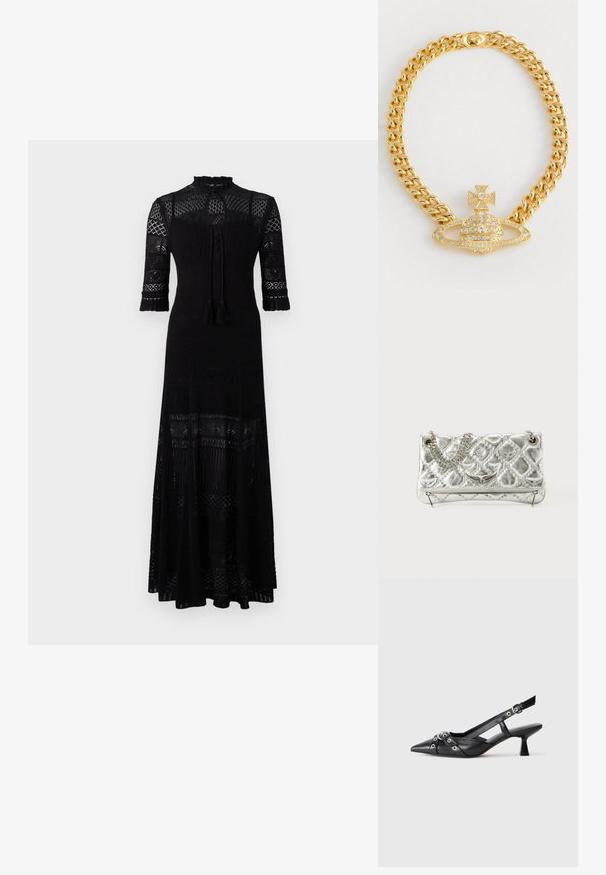Abito maxi nero con collo alto, intricate decorazioni in pizzo, maniche a tre quarti e fiocchi a frange. Caratterizzato da un tessuto texture e orlo a strati.; Scarpa slingback nera in pelle con punta affusolata, cinturini decorativi con occhielli metallici e tacco basso a blocco. Superficie testurizzata.; Borsa a tracolla in metallo argento con manico a catena, texture trapuntata, cuciture decorative e chiusura zip. Presenta dettagli in rilievo sul fronte.; Collana a catena dorata con pendente centrale di forma a cupola, accentato da una croce e con strass trasparenti decorativi.