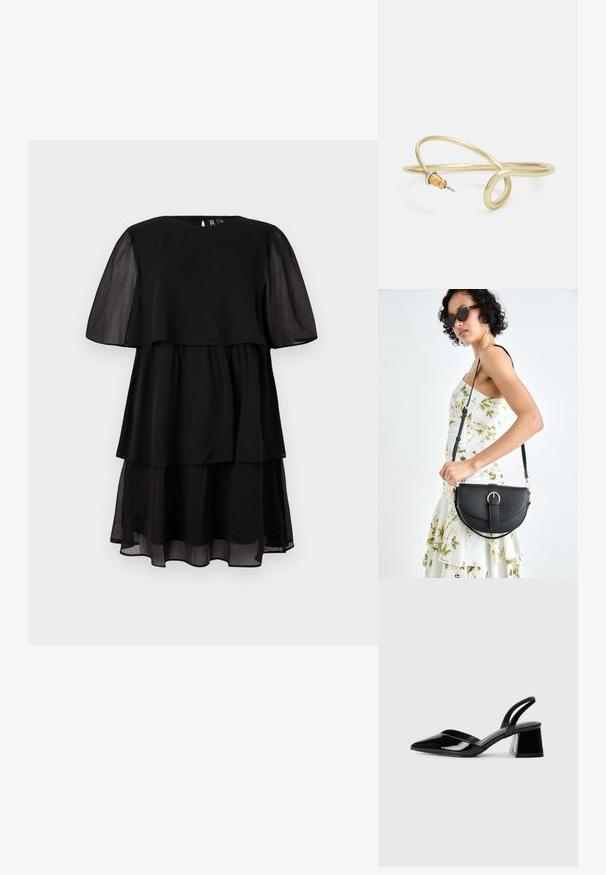 Juoda suknelė su trumpomis permatomomis rankovėmis, sluoksniuota, suapvalintu kaklo iškirpimu. Lengvas audinys su glotniu tekstūra, minimalistinis dizainas.; Juodos lakuotos odinės šlepetės su smailiu pirštu ir geometriniu bloko kulnu. Turi elegantišką, minimalistinį dizainą ir lygų paviršių.; Juodas odinis krepšys su išlenkta forma, nuimamu dirželiu ir auksiniais detalėmis. Krepšys turi kilpą su sagtimi.; Auksinės spalvos metalinė apyrankė su skysčiu, kreipiančiu dizainu. Viename gale yra mažas, išsiskiriantis, sidabrinės spalvos akcentas.