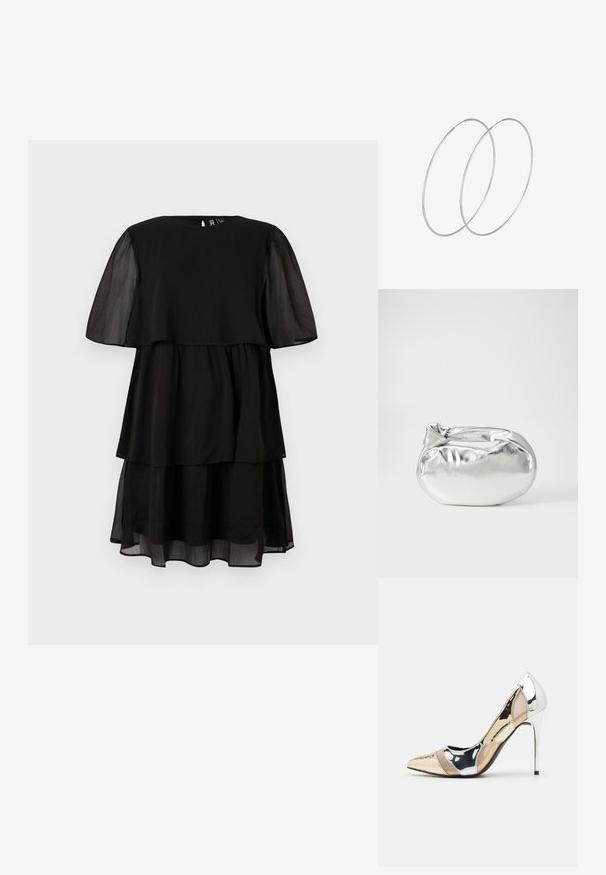 Črna obleka s kratkimi prosojnimi rokavi, plastmi v več nivojih in okroglo ovratnikom. Lahka tkanina z gladko teksturo, minimalističen dizajn.; Čevlji z visoko peto in konico, v barvni kombinaciji srebrne, zlate in nude. Sijajna obdelava z izrezljanim dizajnom, z igličasto peto.; Srebrna kovinska torbica z mehko, zaobljeno obliko in zavezano zgornjo zaporo. Narejena iz gladkega umetnega usnja.; Srebrne uhane v obliki obroča z minimalističnim dizajnom. Krožna oblika, gladka tekstura in tanek profil. Lahki s poliranim zaključkom.