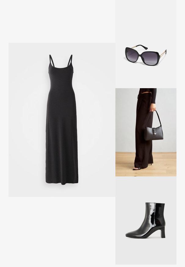 Svart- og gråstripet maxikjole med tynne skulderstropper, tettsittende silhuett og sømløs tekstur, som når ankelen.; Sorte patentlær ankle boot med spiss tå og en mellomhøy blokkhelt. Glatt tekstur og minimalistisk design.; Sorte oversized solbriller med gradient linser, tykke rammer og detaljering med gulltonekjede på tempelarmene.; Svart håndveske med strukturert form, jevn tekstur og metallisk lås. Kombinert med brede svarte bukser og sandaler med åpen tå på tregulv.