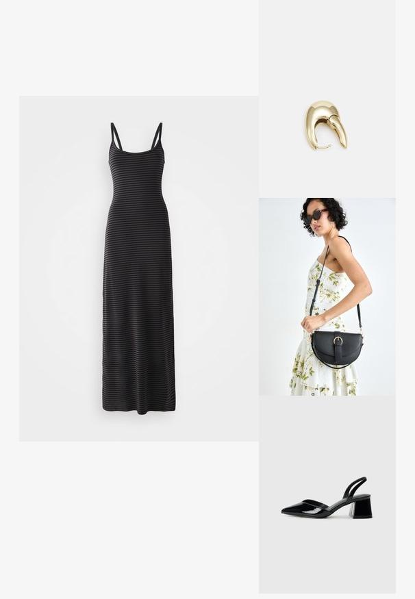 Mustavalkoraidallinen maxi-mekko, jossa on ohuet olkaimet, tiukka siluetti ja saumaton pinta, ulottuen nilkkaan.; Mustat patentoitu nahkakengät, joissa on säären takaosa ja terävä kärki, sekä geometrinen palikkakorko. Sisältää tyylikkään, minimalistisen muotoilun ja sileän pinnan.; Musta nahkainen käsilaukku, joka on kaareva muotoilultaan, irrotettavalla hihnalla ja kultaisilla yksityiskohdilla. Laukussa on läppä, jossa on solk yksityiskohta.; Kultahipuinen korvakoru, jossa on sulavalinjainen, kaareva muotoilu. Ominaisuuksiin kuuluu erottuva terävä muoto, kiillotettu pinta ja sarana kiinnitys.