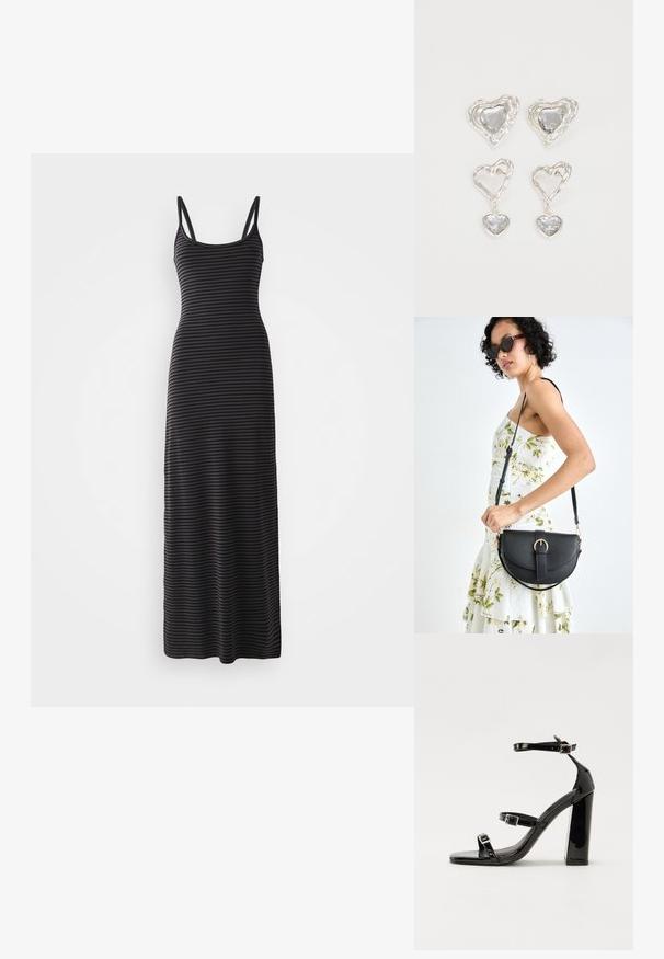 Mustriga musta ja halli maxi kleit õhukeste õlavarre rihmadega, sobiva silueti ja sujuva tekstuuriga, ulatudes pahkluuni.; Mustad läikiva lakknahaga kõrge kontsaga sandaalid kahe pandlaga, kandilised varbad ja jäme plokk-kontsaosa, millel on sile ja läikiv tekstuur.; Mustmust mustraha kõverate joontega, eemaldatava rihmaga ja kuldsete detailidega. Kotil on klapp, millel on pandladetail.; Hõbedased südamekujulised kõrvarõngad on kaunistatud lõhikute ja selgete kividega ning neil on tekstureeritud raam. Komplekti kuuluvad kõrvarõngad nupud ja rippuvad mudelid.