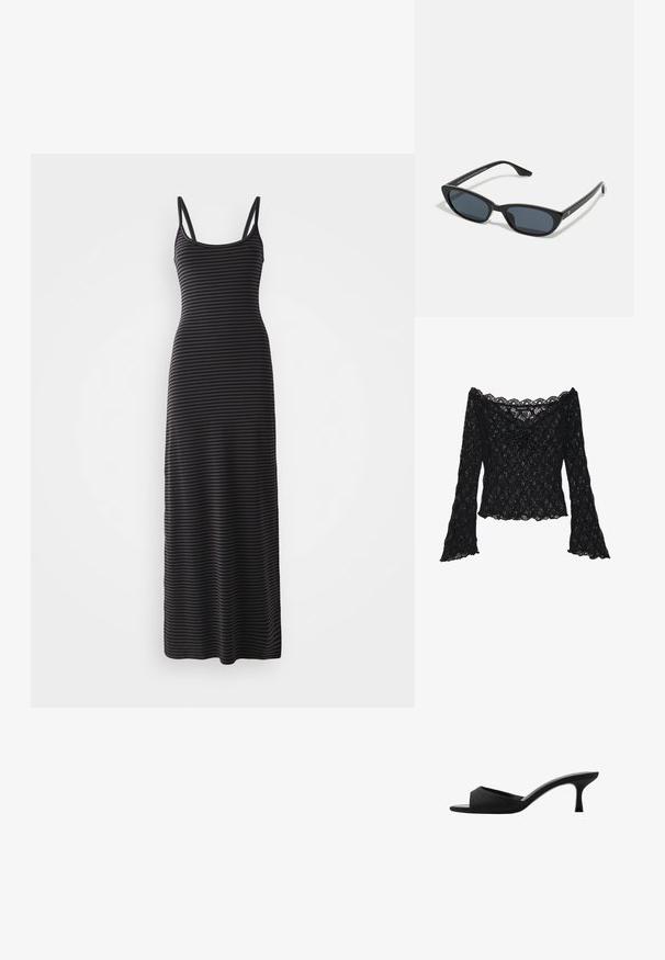Rochie maxi stripată în nuanțe de negru și gri, cu bretele subțiri, silueta ajustată și textură fără cusături, care atinge glezna.; Top din dantelă neagră cu decolteu off-the-shoulder, mâneci lungi tip clopot și margini ondulate. Model floral texturat pe întreaga suprafață.; Mule negre cu toc înalt, cu vârful larg deschis și un brâu curbat. Fabricate dintr-un material texturat, având un toc subțire și o talpă netedă.; Ochelari de soare negri cu lentile închise, cadru din plastic, temple subțiri și o marcă discretă pe interiorul brațului. Textură mată.