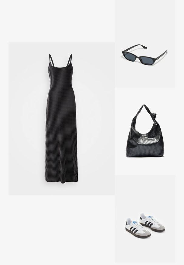 Black and gray striped maxi dress with thin shoulder straps, fitted silhouette, and seamless texture, reaching the ankle.; Sport shoes with a white leather upper, gray suede toe, and three black stripes. Features a blue logo on the tongue and a textured rubber sole.; Black cat-eye sunglasses with dark lenses, plastic frame, slim temples, and subtle branding on the inner arm. Matte finish texture.; Black woven leather handbag with a slouchy design, featuring a knotted strap and a small decorative gold stud at the top.