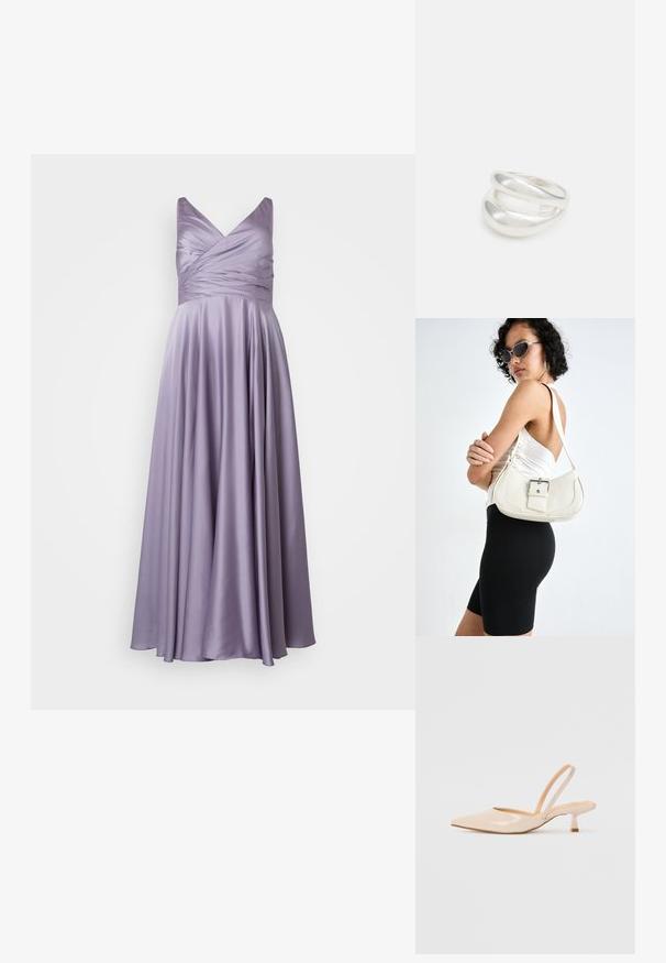 My Mascara Curves Apģērbs svinīgiem gadījumiem - lavender; Bežīgas lakotas ādas slingback papēži ar smailu purngalu un šauru, kvadrātveida papēdi. Gluda tekstūra un minimālistisks dizains bez dekorēšanas elementiem.; Balta ādas rokassoma ar izliekta formu, regulējamu siksniņu un mazu sprādzi. Modelis valkā pieguļošu melnu apģērbu.; Sudraba divu joslu gredzens ar gludu, pulētu virsmu. Iezīmējas ar plūstošu, izliekta dizaina struktūru ar pārklājošām sekcijām modernam izskatam.