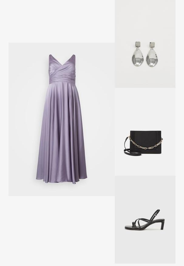 My Mascara Curves Pidulikud riided - lavender; Mustast rihmajalatsid ruudukujulise varba ja madala ploki kontsaga. Omab mitmeid õhukesi rihmasid ja reguleeritavat pahkluu rihma. Valmistatud siledast nahast.; Mustast nahast õlakott, mis omab siledat tekstuuri, ristküliku kuju ning esiküljel metallketi detaili. Reguleeritav rihm on kaasas.; Hõbedased ripatsid, millel on ruudukujuline studs, siledat ja poleeritud viimistlust ning pisarakuju, peegeldades valgust läikiva pinnaga.