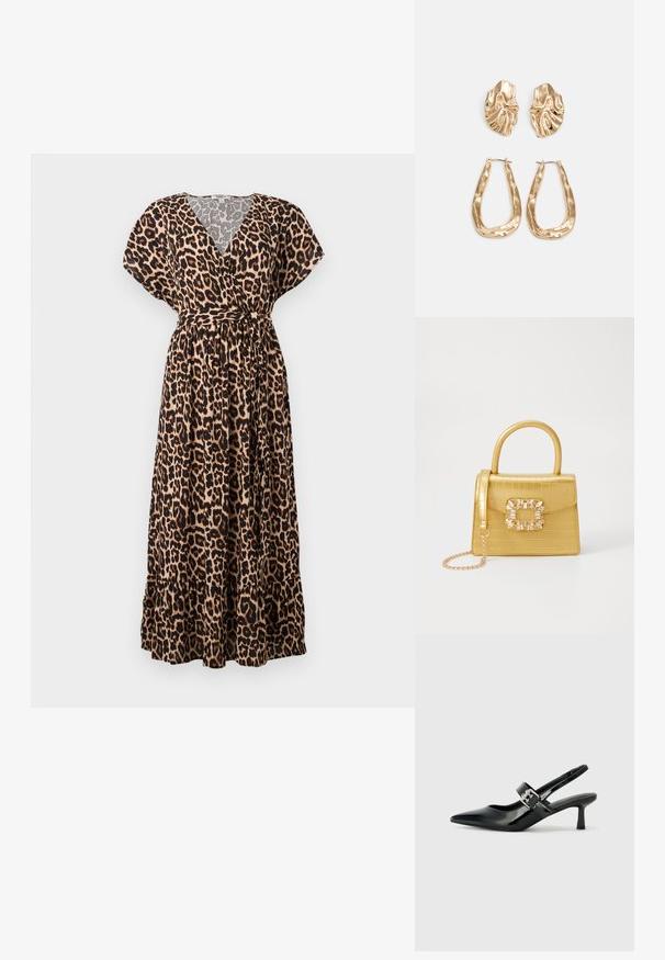 Maxi kjole i leopardprint med v-udskæring, korte ærmer, taljebånd og lagdelt nederdel. Lavet af letvægtsstof med en løs pasform.; Sorte laker slingback hæle med spids tå og en lille blokhæl, med en sølvspændeaccent på remmen.; Gul faux-krokodille skuldertaske med struktureret design, top-håndtag, aftagelig kædetraske og dekorativ krystaldekoration på låsen.; Guldtonede øreringe med teksturerede, bølgede former. Inkluderer skulpturelle clips og en åben ringdesign med en hamret finish.