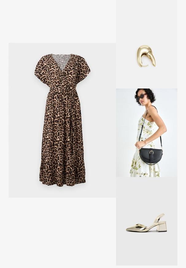 Leopardimustriga maksimekko v-avaga, lühikeste varrukatega, vöökohaga ja kihilisema hemiga. Valmistatud kergest kangast, millel on lõdva istuvusega disain.; Kuldne, metallilised slingback-kudumid terava varba ja paksu kontsaga. Sile tekstuur, minimalistlik disain ja kitsas rihm.; Mustmust mustraha kõverate joontega, eemaldatava rihmaga ja kuldsete detailidega. Kotil on klapp, millel on pandladetail.; Kuldtooni metallist kõrvarõngas, millel on elegantne ja kaarjas disain. Omab silmapaistvat teravat kuju, poleeritud pinda ja hingesulgemist.