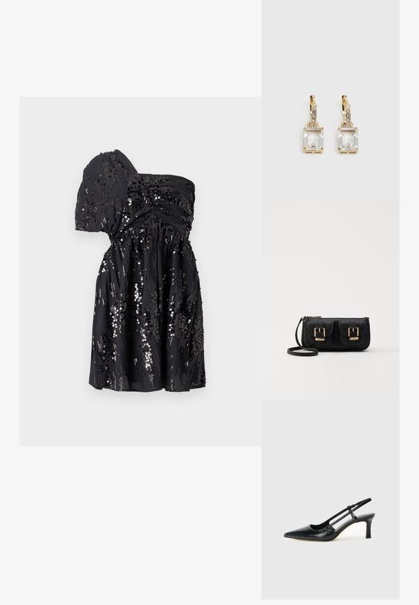 Robe noire à une épaule en tissu doux, ornée de sequins dispersés, avec une taille froncée et une jupe fluide.; Escarpin slingback en vernis noir avec un bout pointu, présentant un imprimé serpent texturé, une sangle réglable et un petit talon bloc texturé.; Sac en cuir noir porté en travers avec deux poches avant, boucles dorées, fermeture zippée et une sangle fine. Surface texturée et forme rectangulaire compacte.; Boucles d'oreilles en or lumineux avec un cristal rectangulaire transparent pendent sous une rangée de petits accents ronds transparents. Design élégant et moderne.